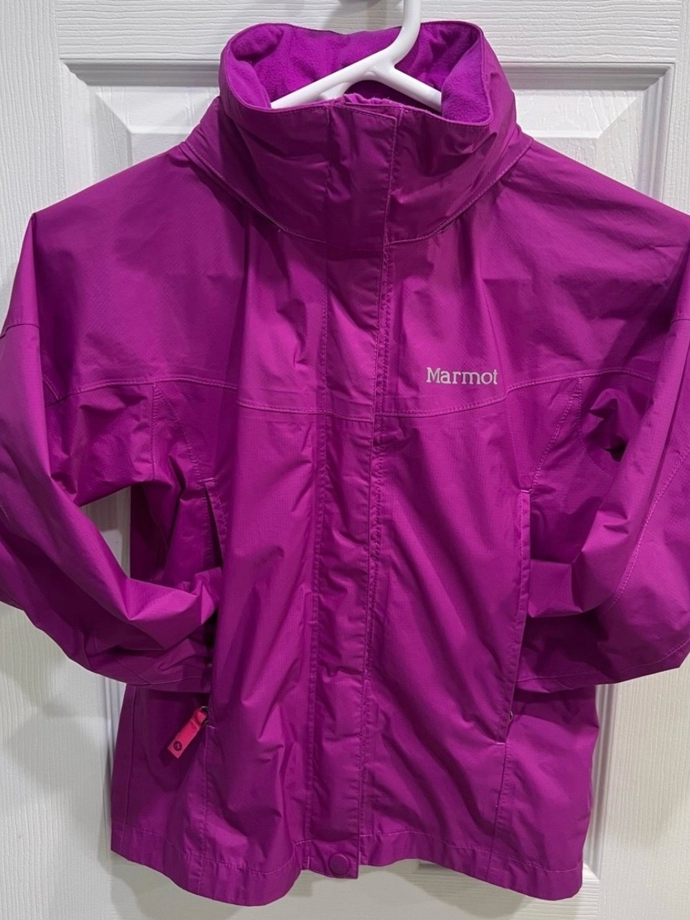 Marmot Kids Waterproof Hooded Rain Jacket - Magenta - Picture 6 of 12